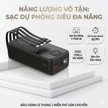 Pin Dự Phòng 50000mAh Sạc Nhanh 22.5W Đạt Chuẩn 3C Sạc Dự Phòng Tích Hợp Sẵn 4 Dây Cáp Đa Năng Có Đèn Pin Tiện Lợi