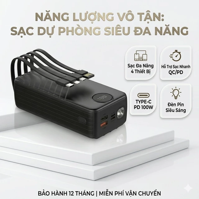 Pin Dự Phòng 50000mAh Sạc Nhanh 22.5W Đạt Chuẩn 3C Sạc Dự Phòng Tích Hợp Sẵn 4 Dây Cáp Đa Năng Có Đèn Pin Tiện Lợi