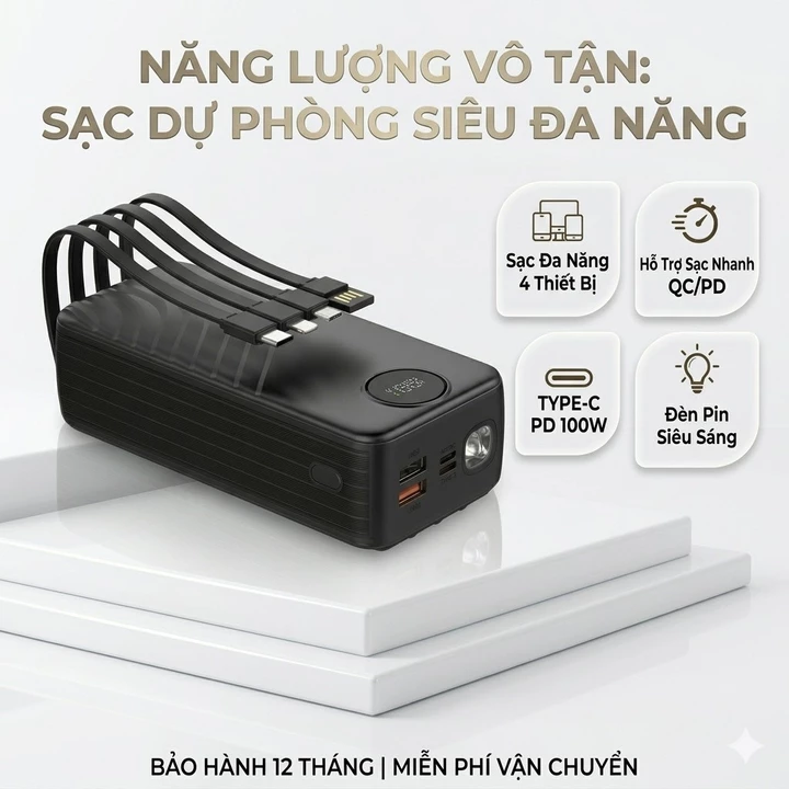 Pin Dự Phòng 50000mAh Sạc Nhanh 22.5W Đạt Chuẩn 3C Sạc Dự Phòng Tích Hợp Sẵn 4 Dây Cáp Đa Năng Có Đèn Pin Tiện Lợi