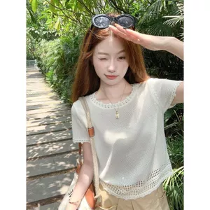 Phong cách Hàn Quốc mùa hè Slim-fit Phiên bản ngắn Vai trước dệt kim rỗng ngắn @ -
