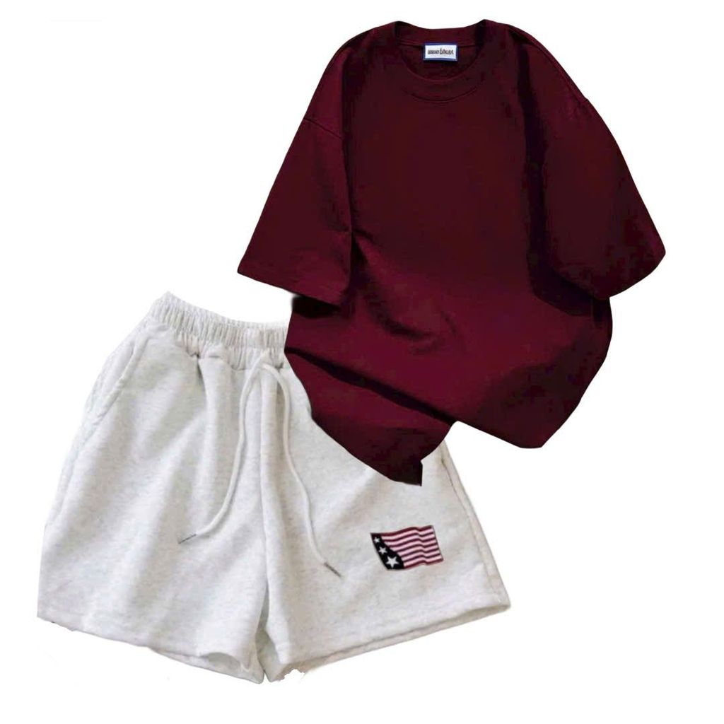 sét bộ đồ nữ quần đùi cộc xám tiêu cờ mỹ dáng ngắn + mix áo phông trơn form nam nữ unisex