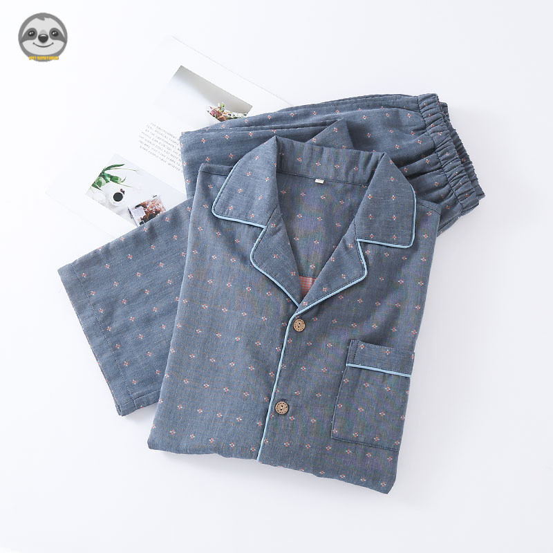 Phong cách Nhật Bản Muji Style / Bộ đồ ngủ gạc hai lớp Cotton nguyên chất chấm bi mùa hè cho nam / Bộ đồ quần ngắn tay mỏng mùa xuân thu / Có thể mặc bên ngoài phòng chờ