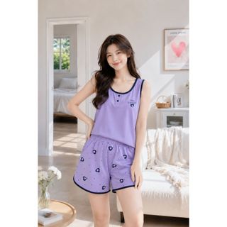 Đồ bộ mặc nhà nữ SUNFLY cotton compact  co dãn thoái mái áo sát nách quần sooc ST9409