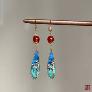 WHX-Earrings {Muzhu} Bông tai thủ công không mờ Bông tai mã não Bông tai lông cừu Hoa lá tre Bông tai thả nước Bông tai phong cách Trung Quốc mới Phụ kiện sườn xám phong cách Trung Quốc