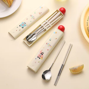 Bộ dao kéo di động kèm thìa và đũa, Bộ đồ ăn dễ thương, Bộ đồ ăn trẻ em cấp thực phẩm 304