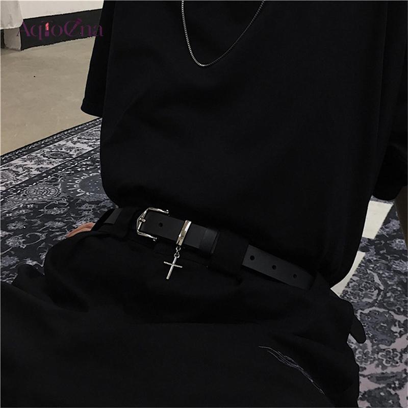AqToCna Punk Chữ Thập Mặt Dây Jean Quần Thắt Lưng Thời Trang Retro Nam Nữ Dây Thắt Lưng Da PU Kim Loại Pin Bule Hip Hop Dây Thắt Lưng AqToCna
