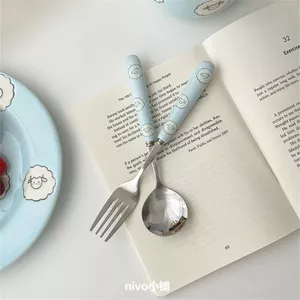 Dễ Thương Thịt Cừu Gốm Tay Cầm Thìa Nĩa Bộ Phong Cách Hộ Gia Đình Ăn Inox Nĩa Thìa Bộ Đồ Ăn Cao Cấp 6.8