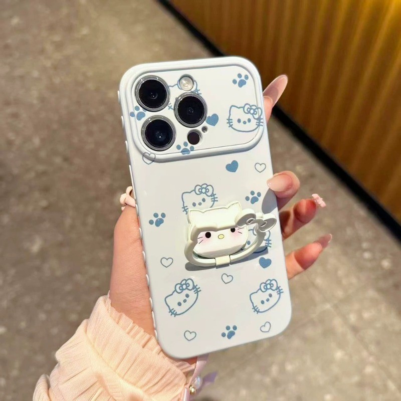 Vỏ điện thoại iPhone giá đỡ ba chiều Hello Kitty Vỏ cao su mềm mặt trái iPhone - 11/12/13/14/15/16/17/Plus/Air/Pro/Max