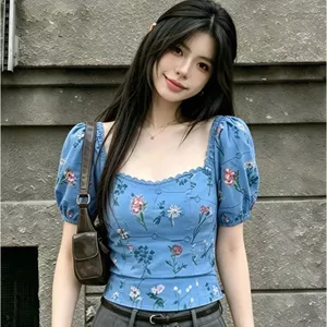 Áo sơ mi ngắn tay cổ vuông cổ vuông cổ điển kiểu Pháp tay phồng màu xanh vừa vặn Áo sơ mi đáy sang trọng