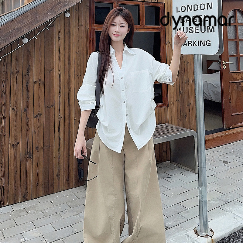 【dynamar】Áo sơ mi cổ V thiết kế nhúm eo tôn dáng trẻ trung chất liệu Thô Cotton Hàn thoáng mát