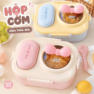 Hộp Đựng Cơm 3 Ngăn HomeMate Kèm Muỗng Nĩa, Hộp Cơm Văn Phòng Nắp Đậy Kín Màu Pastel Dễ Thương