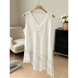 [Hàng mới về] Mùa hè Phong cách mới dáng rộng che thịt mỏng hơn trông khâu ren vát viền áo Vest không tay