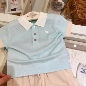 Quần áo trẻ em Hàn Quốc (80-130) Áo sơ mi POLO có ve áo ngắn tay dệt kim siêu mỏng phong cách mới mùa hè