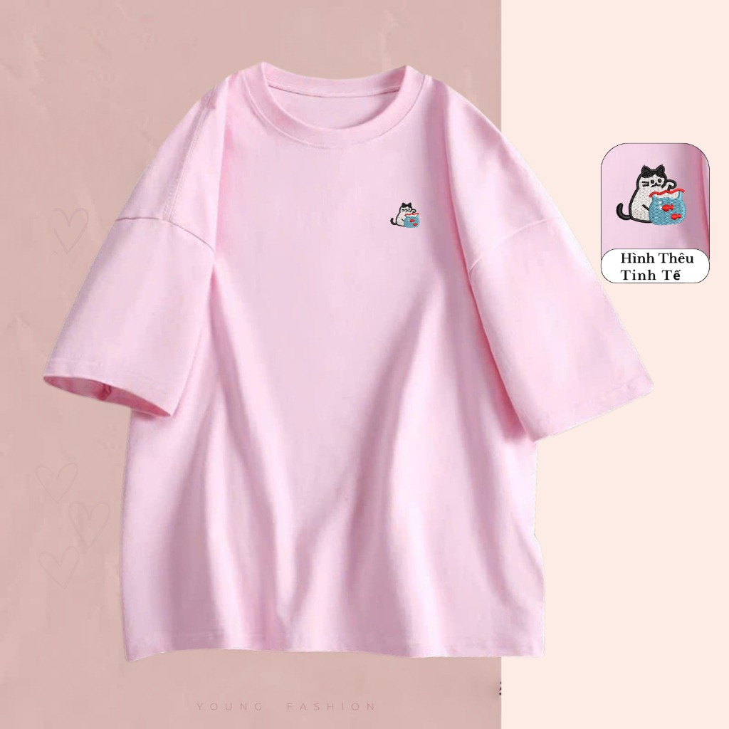（Giao hàng 24h）Angela Áo Thun THÊU Cat & Goldfish Chất Cotton Thoáng Mát Form Rộng Tay Lỡ Cho Nam Nữ Phong Cách Unisex