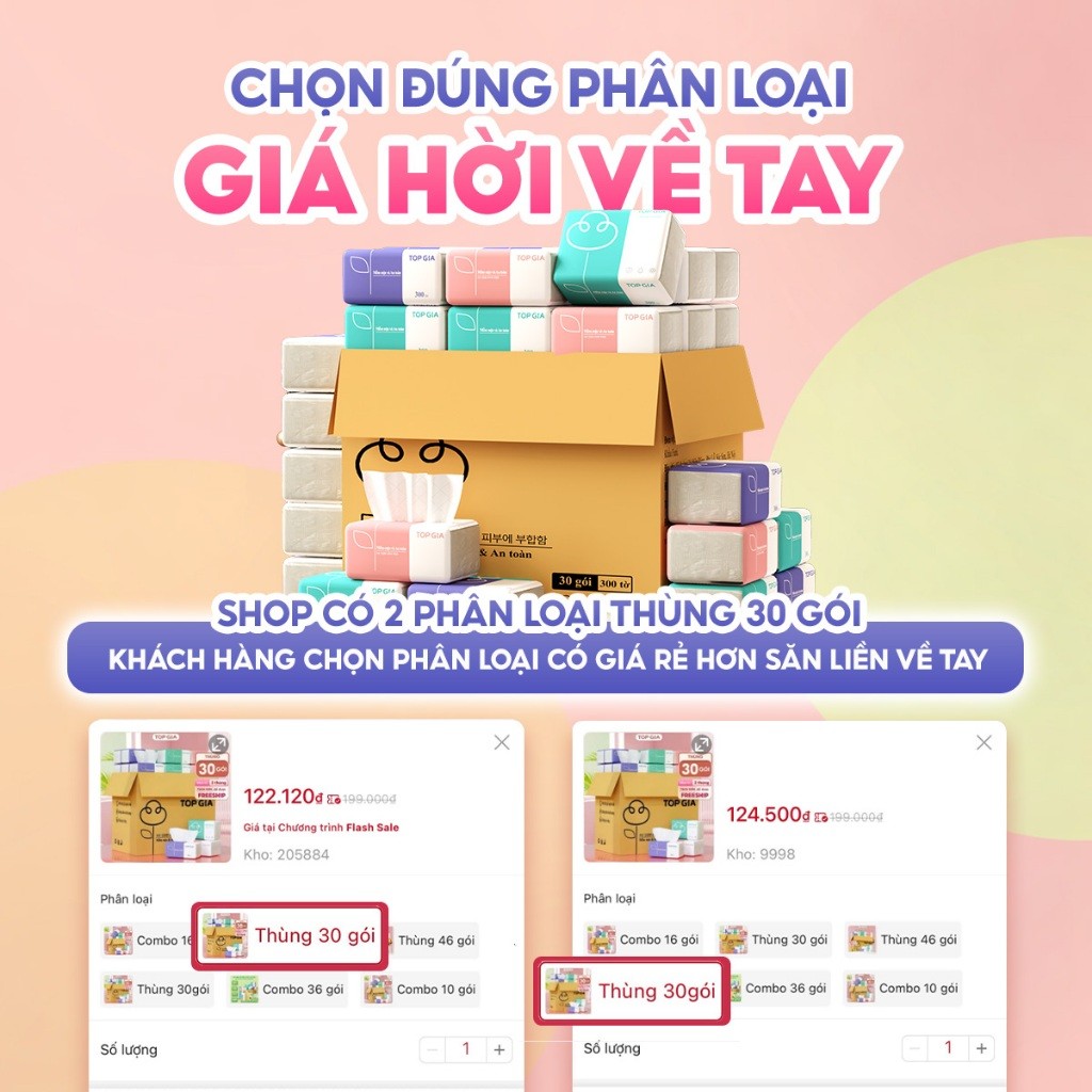 Thùng 30 gói giấy ăn rút Topgia 3 màu cao cấp 4 lớp dày dặn, mềm mịn, thùng 10/16/36/46 gói