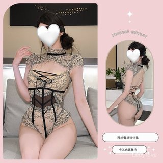 Phong Cách Mới Hoa Hồng Nguyên Chất Desire Ren Khâu Cực Phải Vai Jumpsuit Nữ Pháp Đồng Phục Tán Tỉnh Quần Lót