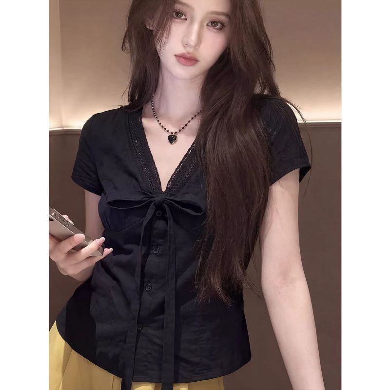 [Giảm giá 50%] Áo sơ mi nơ ngắn tay cổ chữ V dành cho nữ mùa hè dáng rộng hẹp hơn trông cao cấp