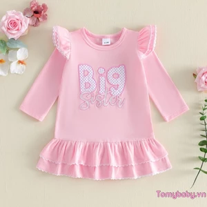 Váy mùa thu cho bé gái mới biết đi Váy xếp nếp dài tay thêu chữ chấm dễ thương