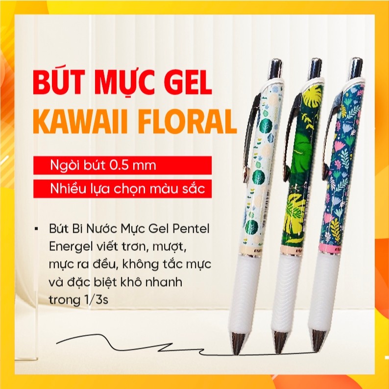 Bút gel Pentel Energel Kawaii 0.5mm dạng bấm – mực xanh nhanh khô, thiết kế họa tiết Floral độc đáo