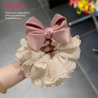 Dây cột tóc nơ hồng ren scrunchies nữ, phụ kiện buộc tóc đuôi ngựa, búi tóc cao cấp, sang trọng