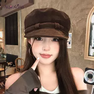 AqToCna Retro Da Lộn Mũ Nồi Cho Nữ Flat Top Newsboy Mũ Thu Đông Briti Sle Thường Ngày Có Thể Gập Lại Mũ Ấm Áp AqToCna