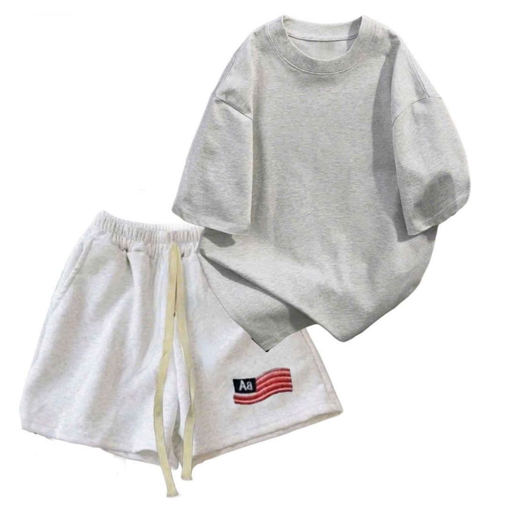 sét bộ nữ quần đùi cộc màu XÁM TIÊU cờ mỹ  AAA  dáng ngắn dây bản to  + mix phông trơn COTTON MÁT-thoitrangthubio