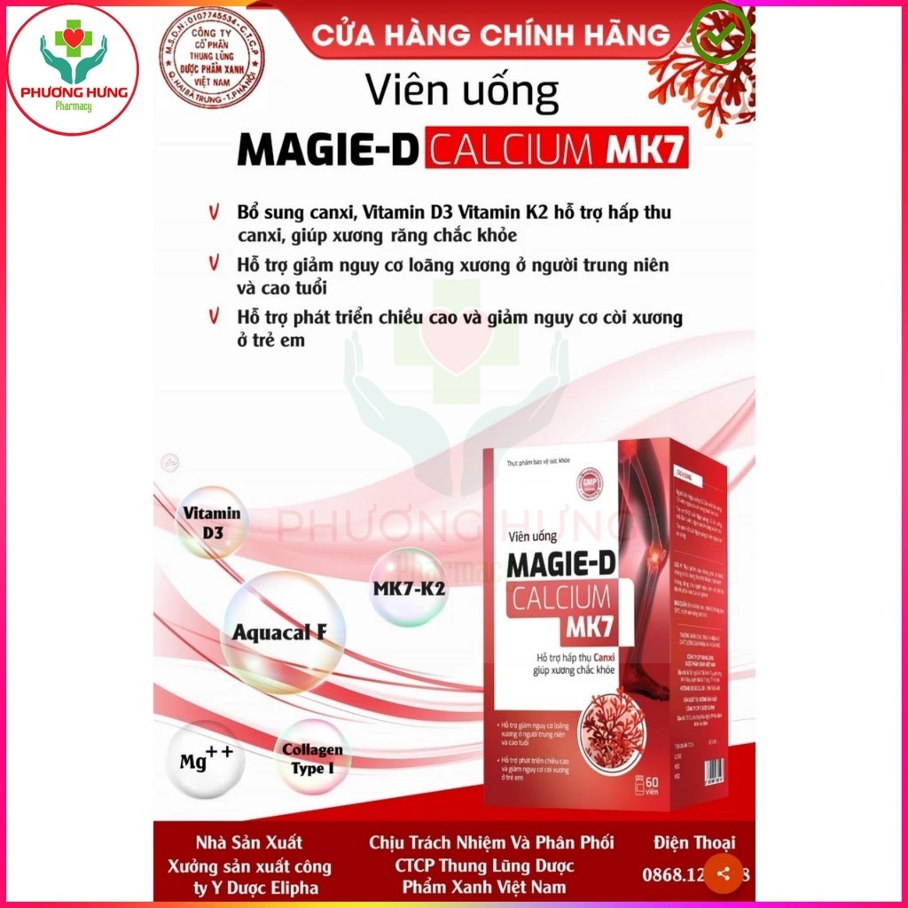 Magie-D Calcium MK7 Bổ Sung Canxi/Calci Hữu Cơ, Không Lắng Cặn Cho Xương Chắc Khỏe - Hộp 15v, 60v