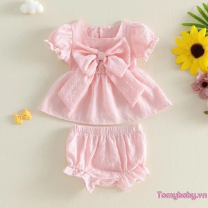 Bộ áo nơ ngắn tay cho bé gái Gingham + Trang phục mùa hè xù