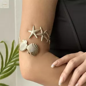 AWNGD Mở Vòng Tay, Vòng Tay Mở Màu Vàng Bohemian, Conch Sao Biển Có Thể Điều Chỉnh Cánh Tay Trên Lắc Tay Nữ