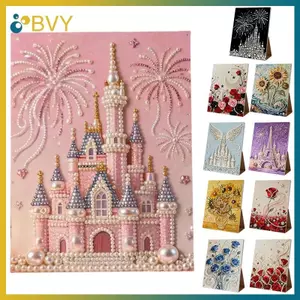 Bộ tranh ngọc trai 3D BVY DIY, Thiết kế lâu đài với pháo hoa, Thủ công nghệ thuật ngọc trai bằng nhựa dành cho người lớn và người mới bắt đầu, Trang trí tường nhà.