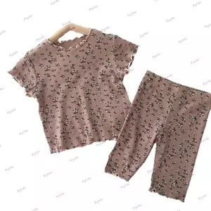 PYCOU 1 Bộ Đồ Ngủ Bé Gái, Bộ Hai Mảnh Tay Ngắn Vải Lụa Băng, Bộ Quần Short Nhẹ Thắt Lưng Co Giãn Xù Viền Trẻ Em Loungewear Ngủ Mùa Hè