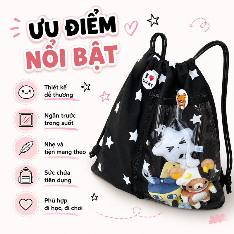 Balo rút dây nylon chống thấm ngăn trong suốt dung tích rộng cho học sinh đựng iPad sách điện thoại