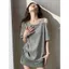 Cotton Phong cách Hàn Quốc Dây rút không đều Cổ chéo Áo thun ngắn tay quây nữ dáng rộng mùa hè Phong cách mới Tất cả
