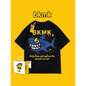 Bkmk niche cá mập in hàng đầu hợp thời trang áo thun lười gió nguyên chất cotton cỡ lớn tay ngắn mùa hè nam dáng rộng 0609