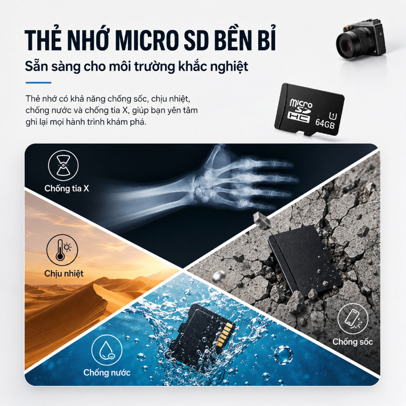 Thẻ nhớ máy ảnh (thẻ SD) 32GB, 64GB, 128GB: Ghi và chụp tốc độ cao, phù hợp với máy ảnh và máy quay phim.