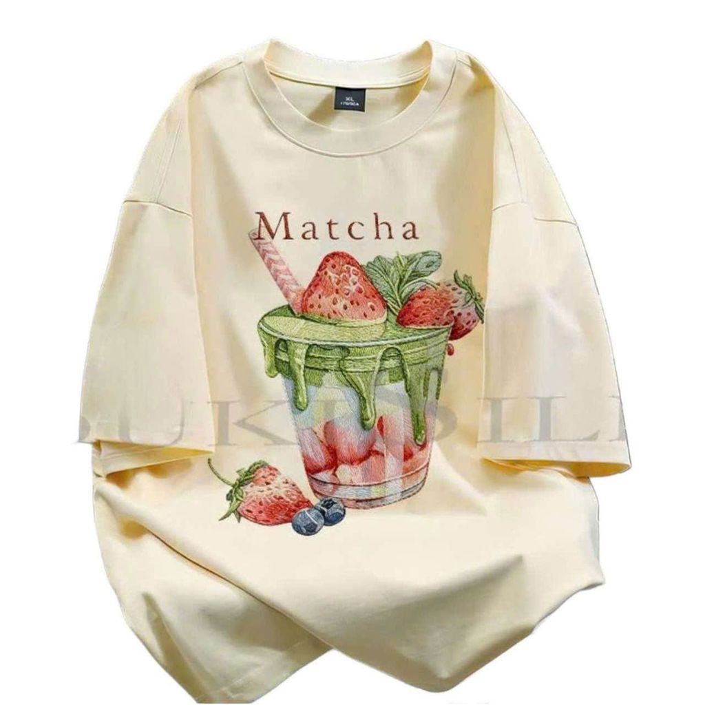 Áo phông form rộng oversize  tối giản phong cách  họa tiết Matcha và trái cây Quả dâu Tây