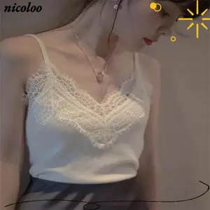 NICOLOO Ren Cổ Chữ V Sling, Áo Vest Viền Ren Gợi Cảm Mùa Hè, Thời Trang Ngọt Ngào Cho Bé Gái Không Tay Tank Top Đi Biển Kỳ Nghỉ