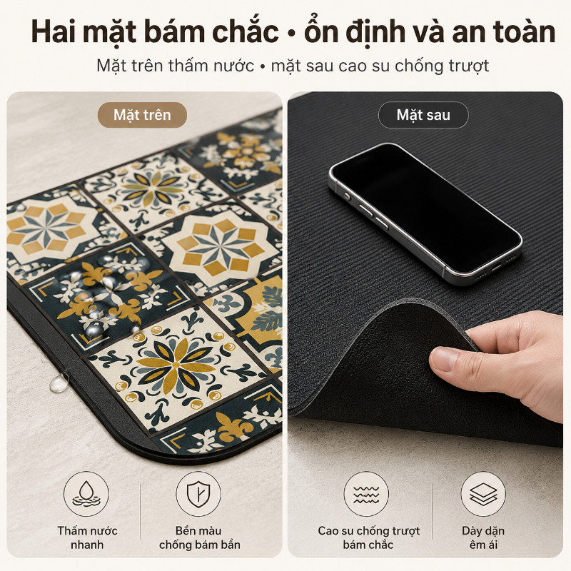 Thảm Thấm Hút Nước Nhanh Khô – Lót Ly, Lót Bàn Ăn Chống Trượt Chất Liệu Da Nappa Đế Cao Su Cho Nhà Bếp