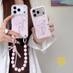 Phone Case For iPhone 17 Pro Max 16 15 14 13 TPU Keychain Chain Stripe Aesthetic Korean Cute