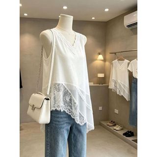 [Hàng mới về] Mùa hè Phong cách mới dáng rộng che thịt mỏng hơn trông khâu ren vát viền áo Vest không tay