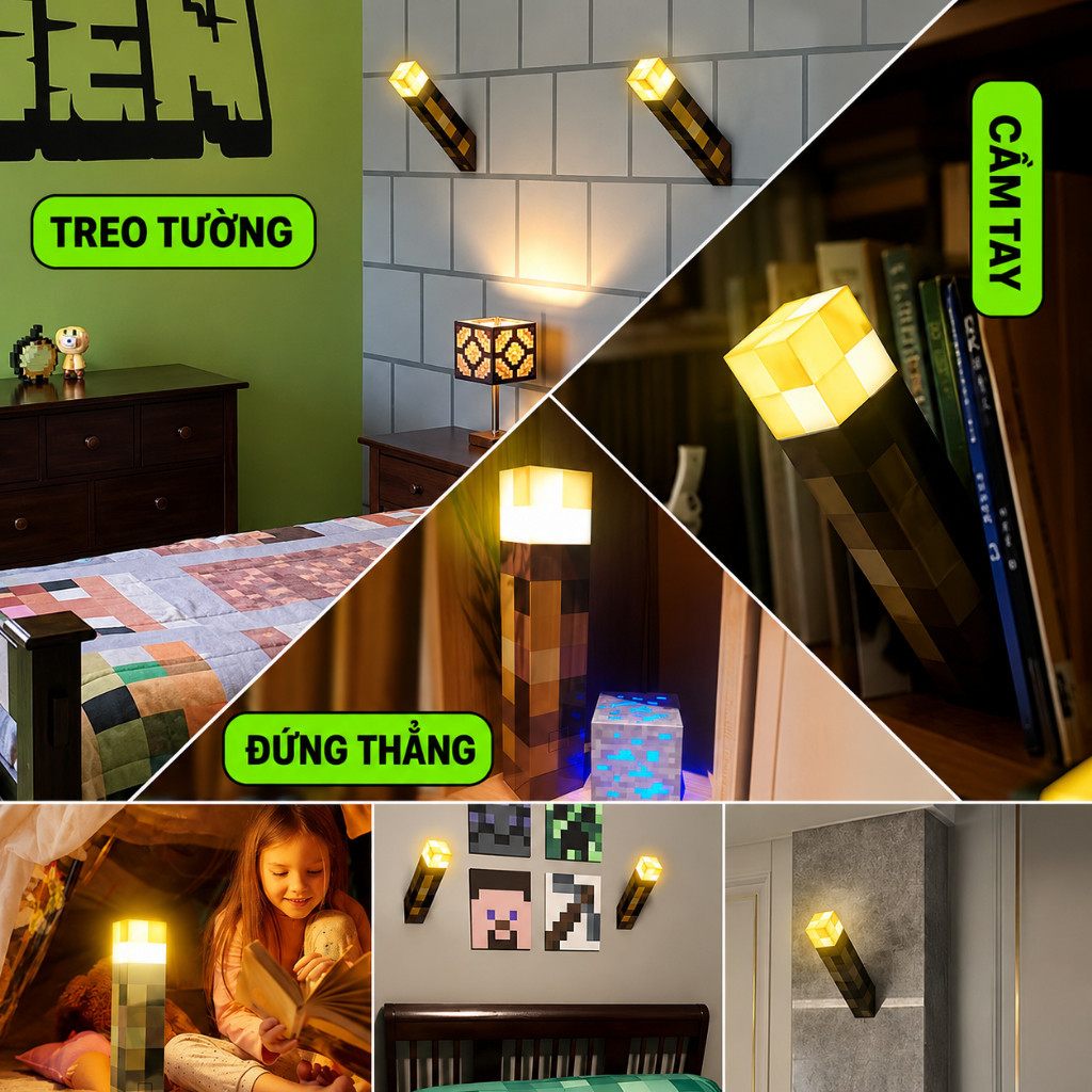 Đèn ngủ nhỏ phong cách Minecraft – Đèn đuốc sạc pin, 4 màu tuỳ chỉnh, đèn treo tường trang trí phòng ngủ, pin siêu trâu