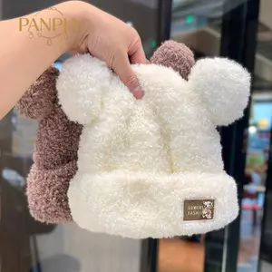 PNPIA- Thời Trang Thu Đông Nữ Beanies Mũ Ấm Áp Dễ Thương Gấu Mũ Tai Thường Ngày Cặp Đôi Dệt Kim Sang Trọng Mềm Mại
