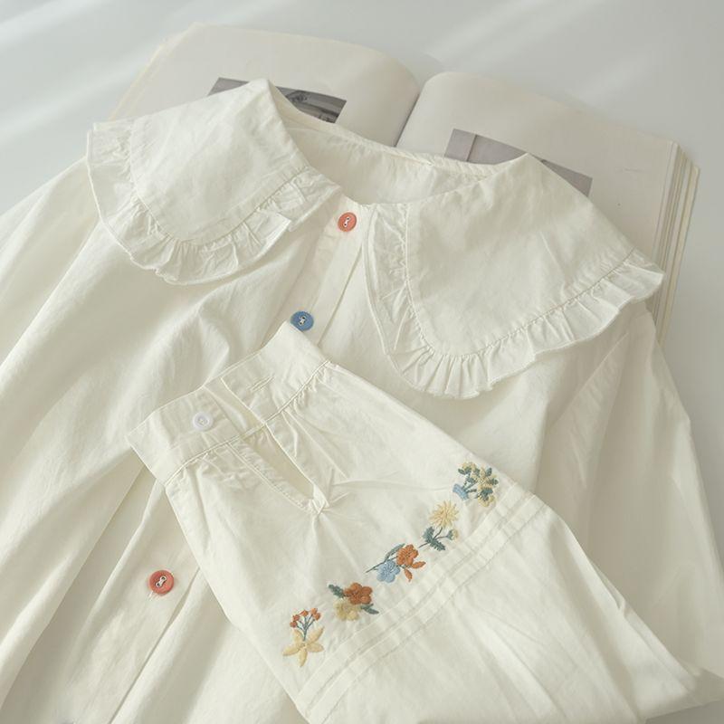 [Giảm giá trong thời gian có hạn] Áo sơ mi dài tay thêu hoa phong cách Preppy dành cho nữ