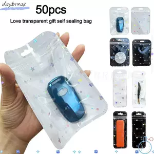 DAYBREAK 50 Túi Tự Niêm Phong, Túi Bao Bì Trái Tim Bằng Nhựa Laser, Túi Trưng Bày Trang Sức Có Thể Khóa Lại Đa Năng
