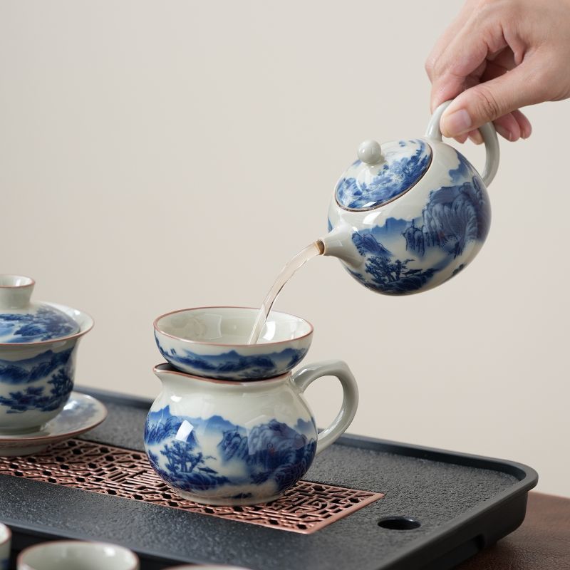 (Bán Lẻ Từng Chi Tiết) Ấm Chén Pha Trà Sứ Cảnh Đức Trấn Men Tro Họa Tiết Sơn Thủy
