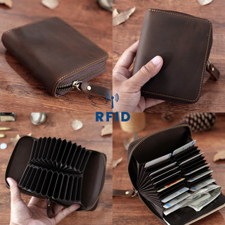 Chống Từ RFID Da Thật Chính Hãng Đựng Thẻ Retro Ngựa Da Organ Phong Cách 24 Khe Cắm Thẻ Dung Tích Lớn Nhiều Khe Cắm Thẻ Ví Đựng Tiền Xu