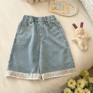 Mùa Hè Mỏng Phong Cách Thoáng Khí Bé Gái Denim Crop Quần Bé Gái Ren Trang Trí Co Giãn Eo Trẻ Em Rời Quần Thường Ngày