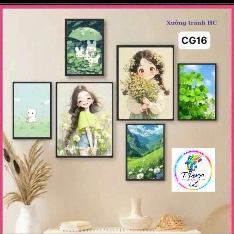 Bộ 6 tranh decor phòng ngủ fomex 5mm, đi kèm băng keo lụa bóng dễ dàng trang trí.