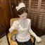 AqToCna Phong Cách Hàn Quốc Chấm Bi Nơ Áo Thun Mùa Xuân Thu Ren Vỏ Thiết Kế Ngọt Ngào Top AqToCna
