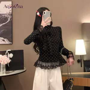AqToCna Phong Cách Hàn Quốc Chấm Bi Nơ Áo Thun Mùa Xuân Thu Ren Vỏ Thiết Kế Ngọt Ngào Top AqToCna